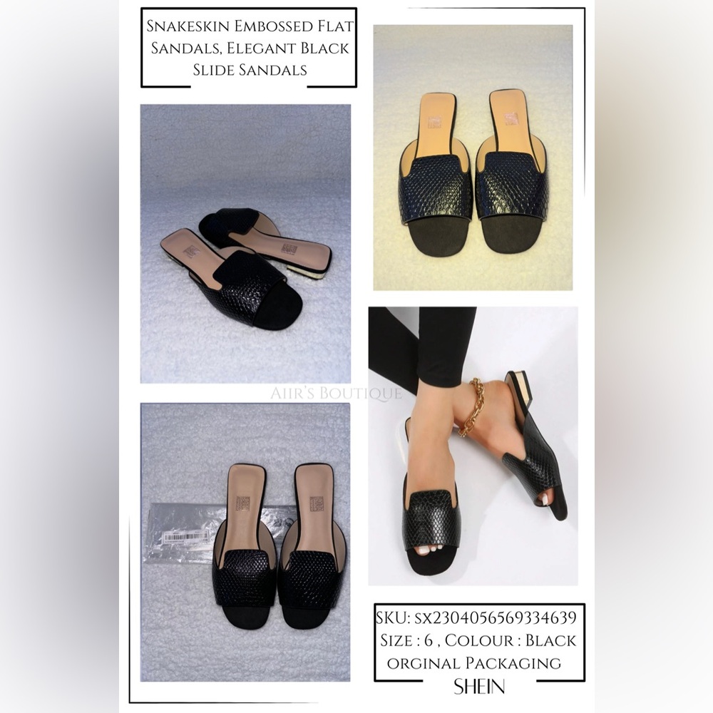 SHEIN Sandals -  Women Snakeskin Embossed Flat Sandals, Elegant Black Slide Sand